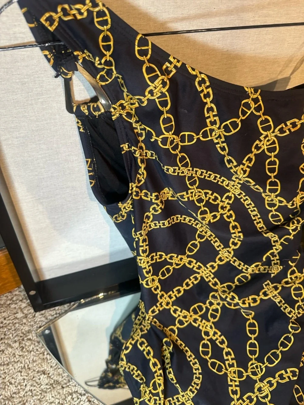 MICHAEL Michael Kors Black One-Shoulder Dress with Gold Chain Print